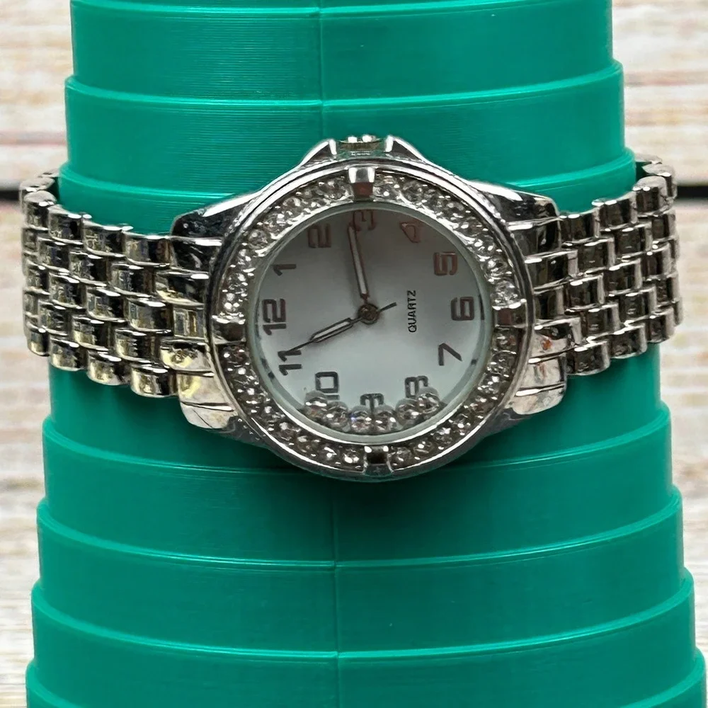 Silver Tone Quartz Watch‎ Rhinestone Bezel Floating Crystals White Dial